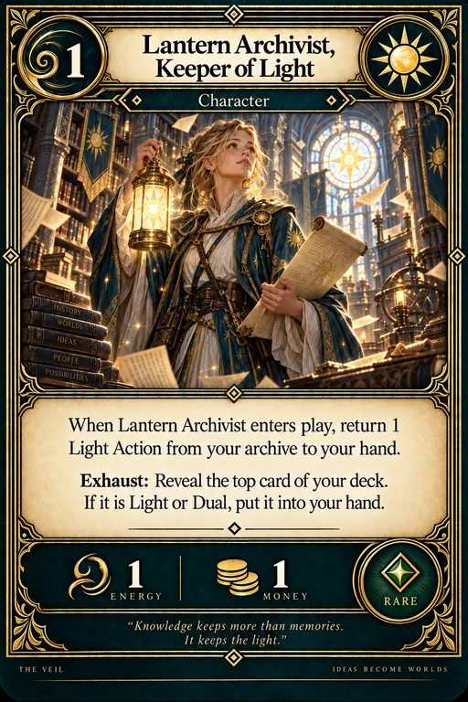 Lantern Archivist, Keeper of Light — an illustrated character card from The Veil